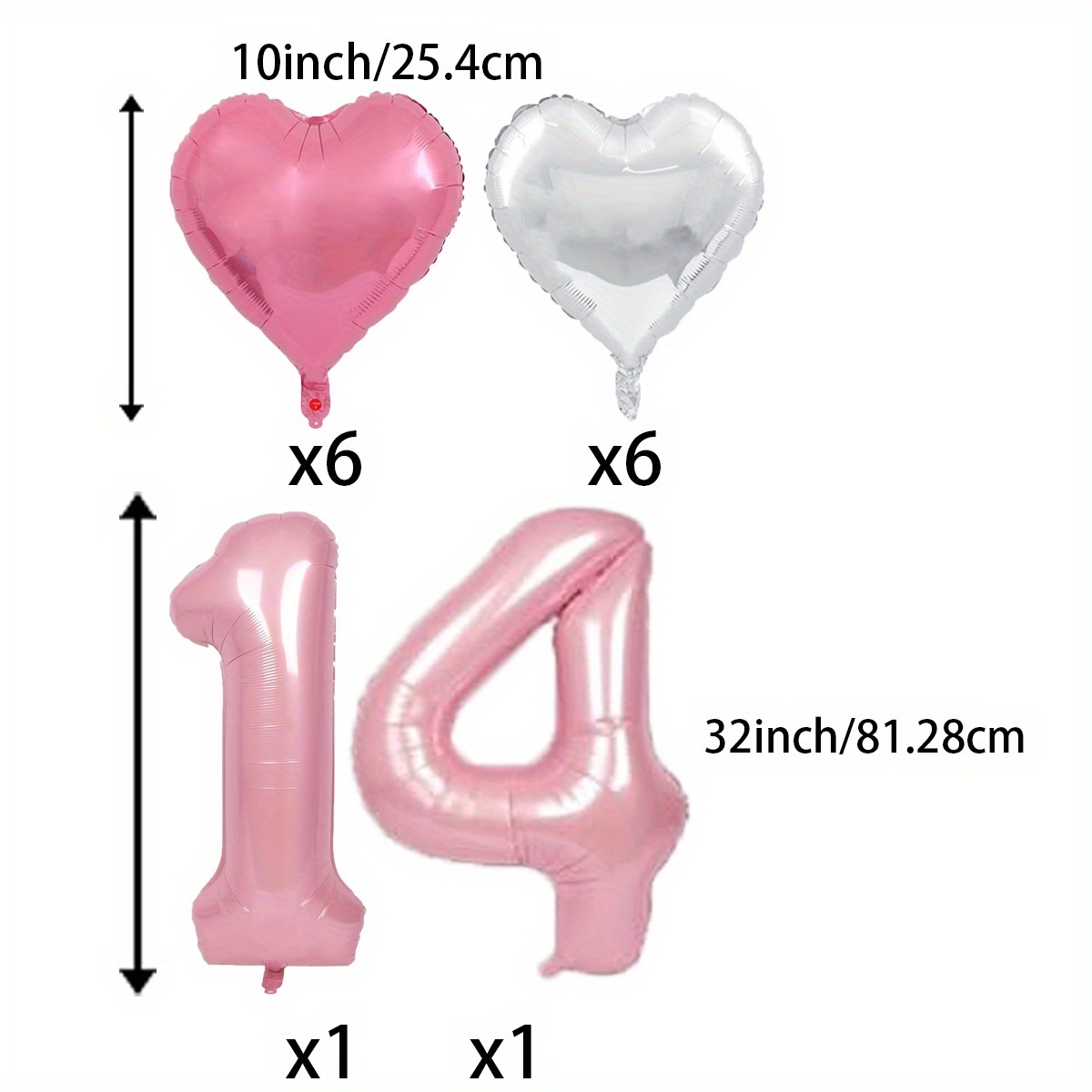 Image of Pink Number 14 Balloon With 10inch Pink Silvery Heart Balloons 32inch Pink Number Balloon Digital Balloon 14 For Girl 14th Birthday Anniversary Wedding Graduations Party Decorations