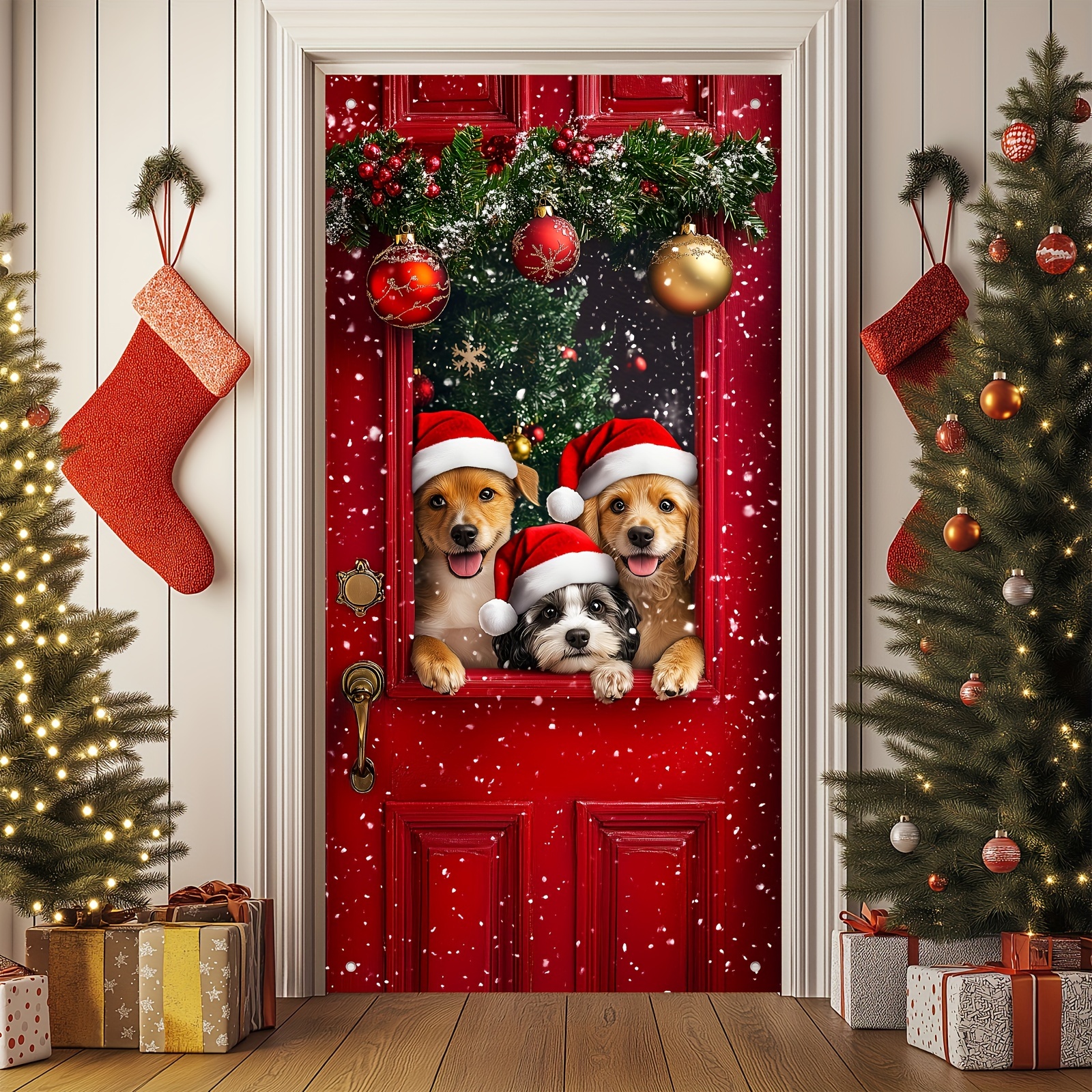 

2d Door Banner 1pc Polyester 3d Christmas Door Banner With Cute Puppies, Universal Holiday Decoration, Indoor & Outdoor Use, Multipurpose Decor For Home & Garden, No Electricity Needed