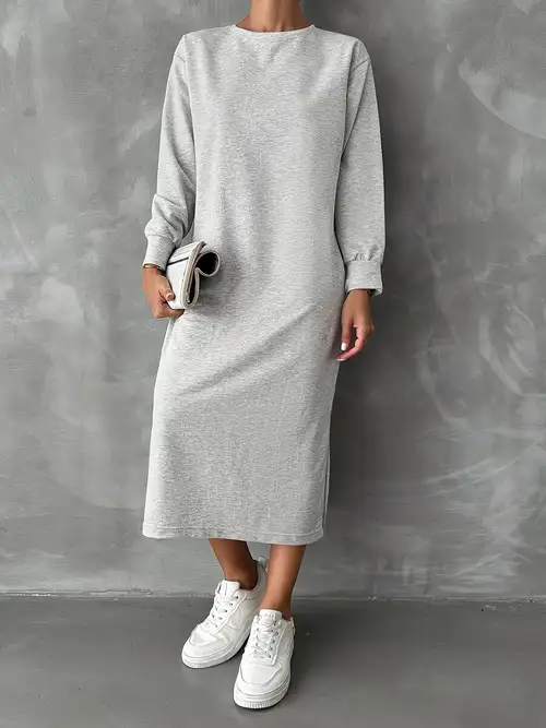 Women's Dress Casual Daily Slit Round Neck Solid Color Long Dress Women's Dress Casual Daily Slit Round Neck Solid Color Long Dress