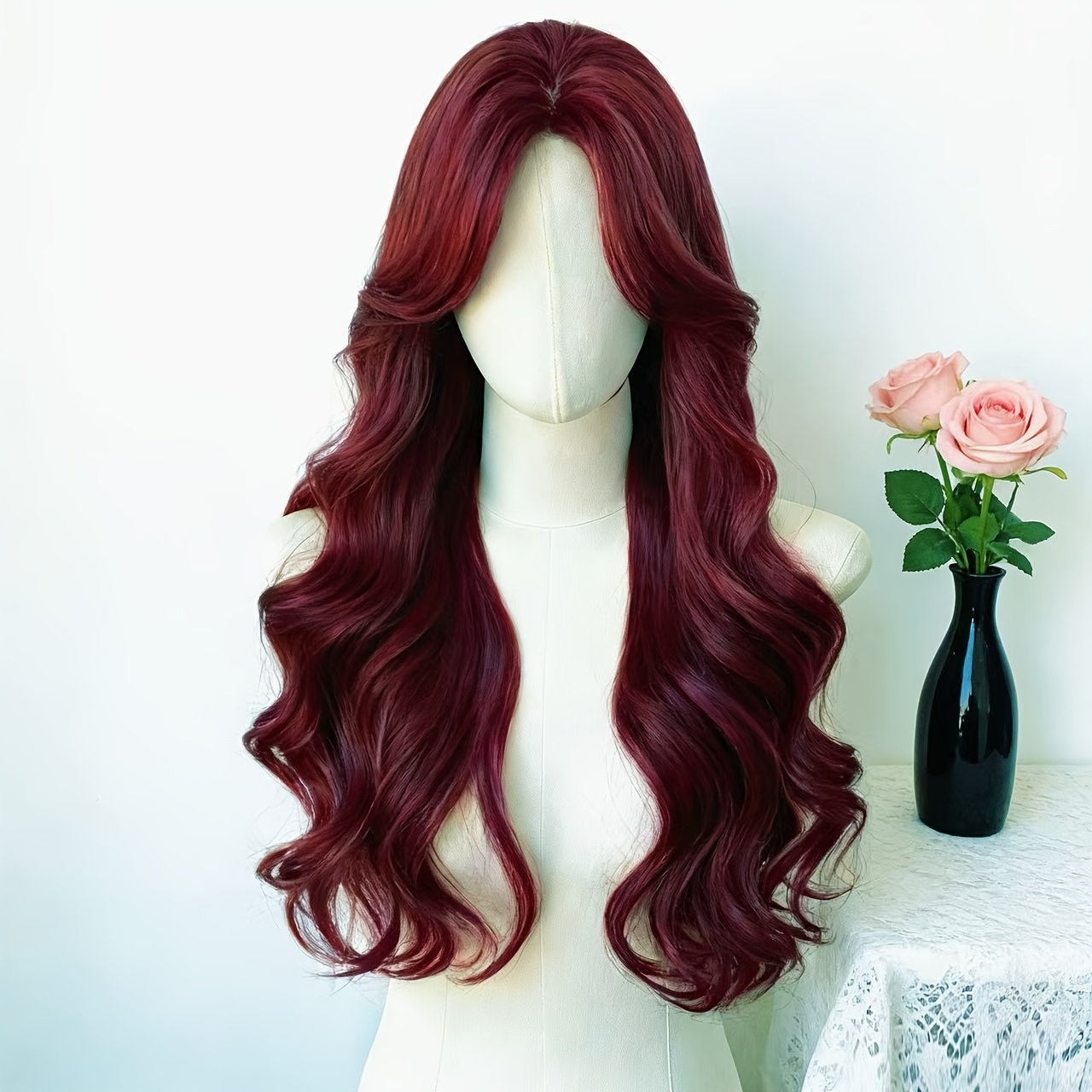 TEMU Peluca sintética de cabeza completa , raya al medio, rizos largos de ondas grandes, cabello glamuroso natural, voluminoso la piel, fibra prémium