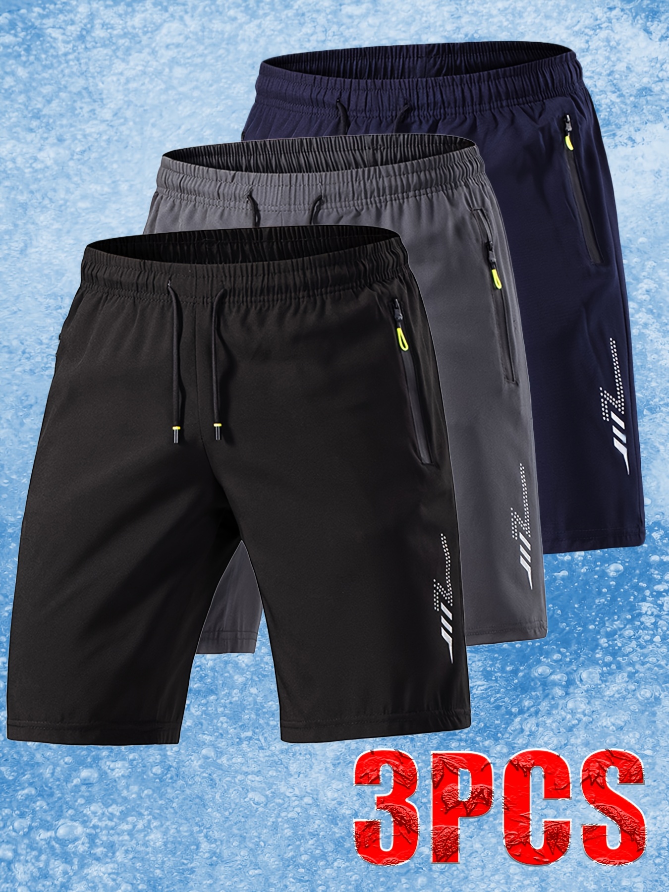 3pcs mens ice   fiber fabric sports shorts soft and comfortable fabric with lightning logo print   summer outfits trendy style ideal for festive travel stylish and   look black gray blue 0