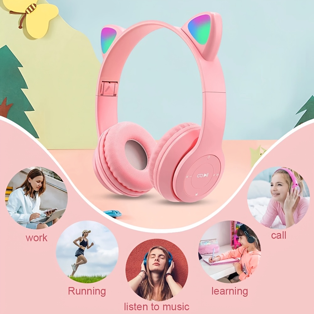 sports headset wireless folding headphone microphone flash light cute cat earbuds mic control led stereo music helmet phone headset