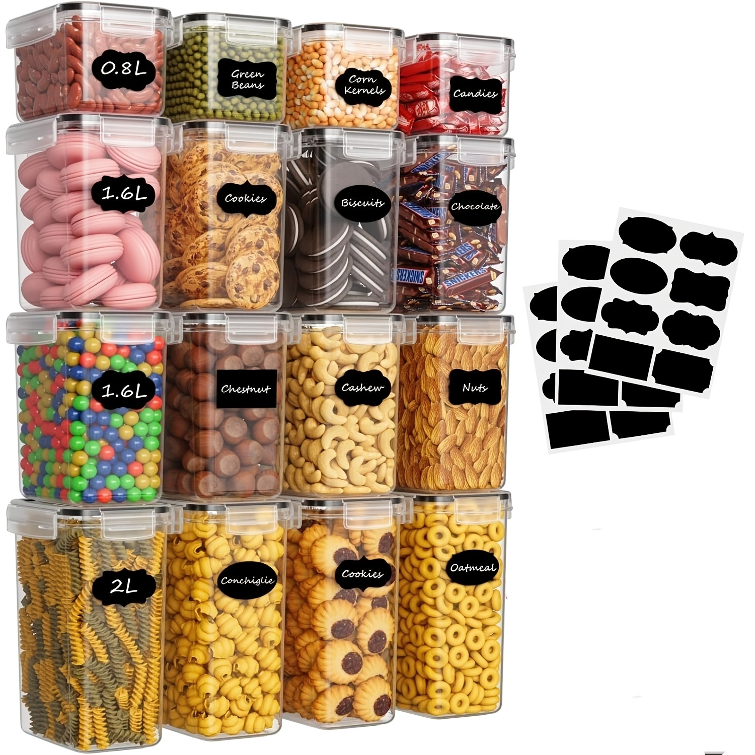 Sealed Storage Jars, Set Of 16, Kitchen Storage Containers With Plastic Lids, Storage Containers, Flour, Cereal, Cereal Organizers (2l, 1.6l, 0.8l)