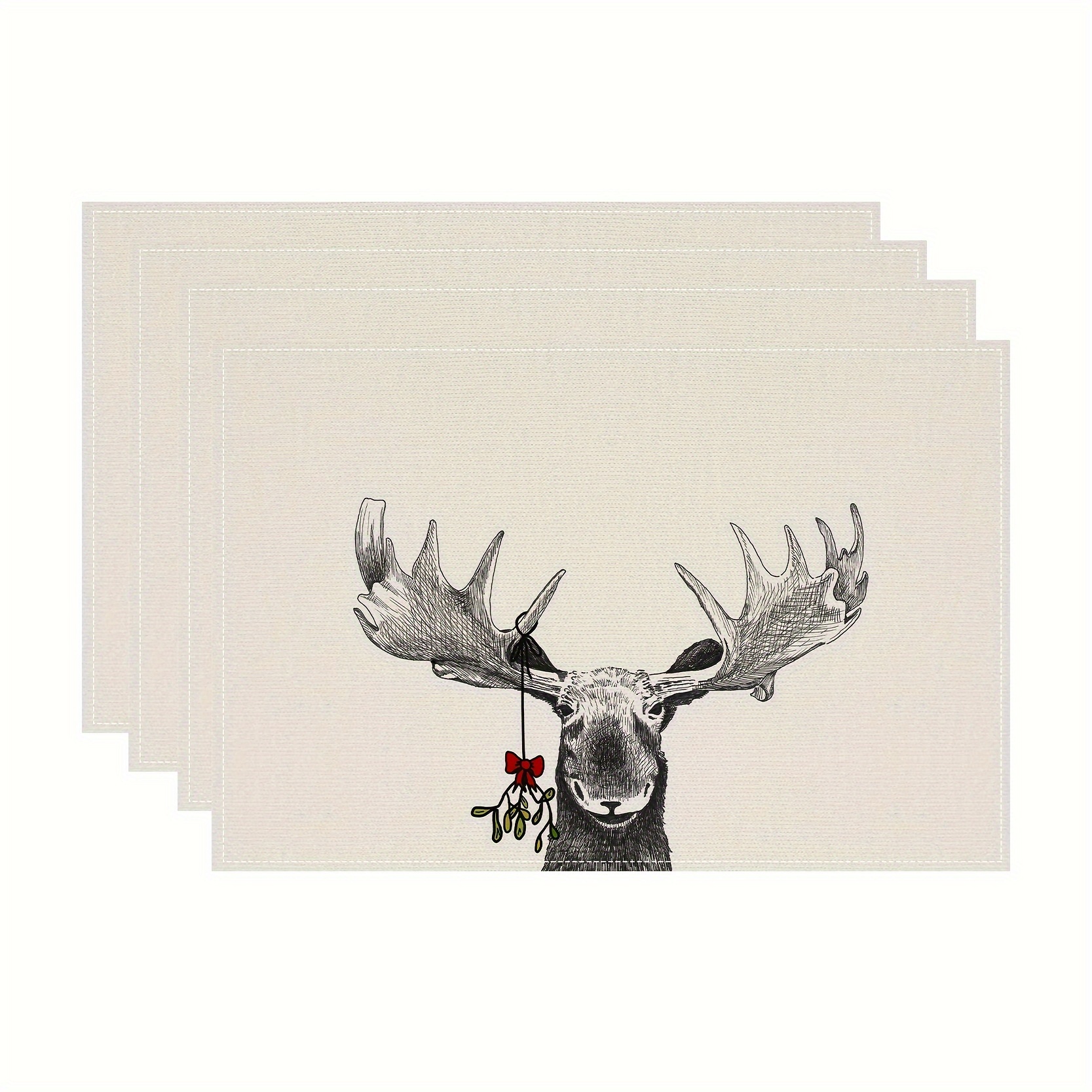 

4pcs Christmas Moose Placemats, 12x18 Inches, Polyester Table Mats, Machine Washable, Rectangular, Woven, , Kitchen & Dining Room Decor