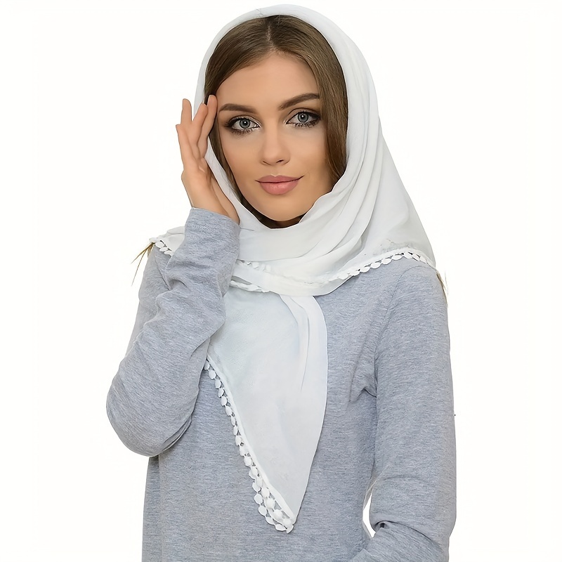 

Foulard carré en coton respirant fin avec bordure à pompons unie de 35,43 pouces, style simple, idéal pour se protéger du soleil