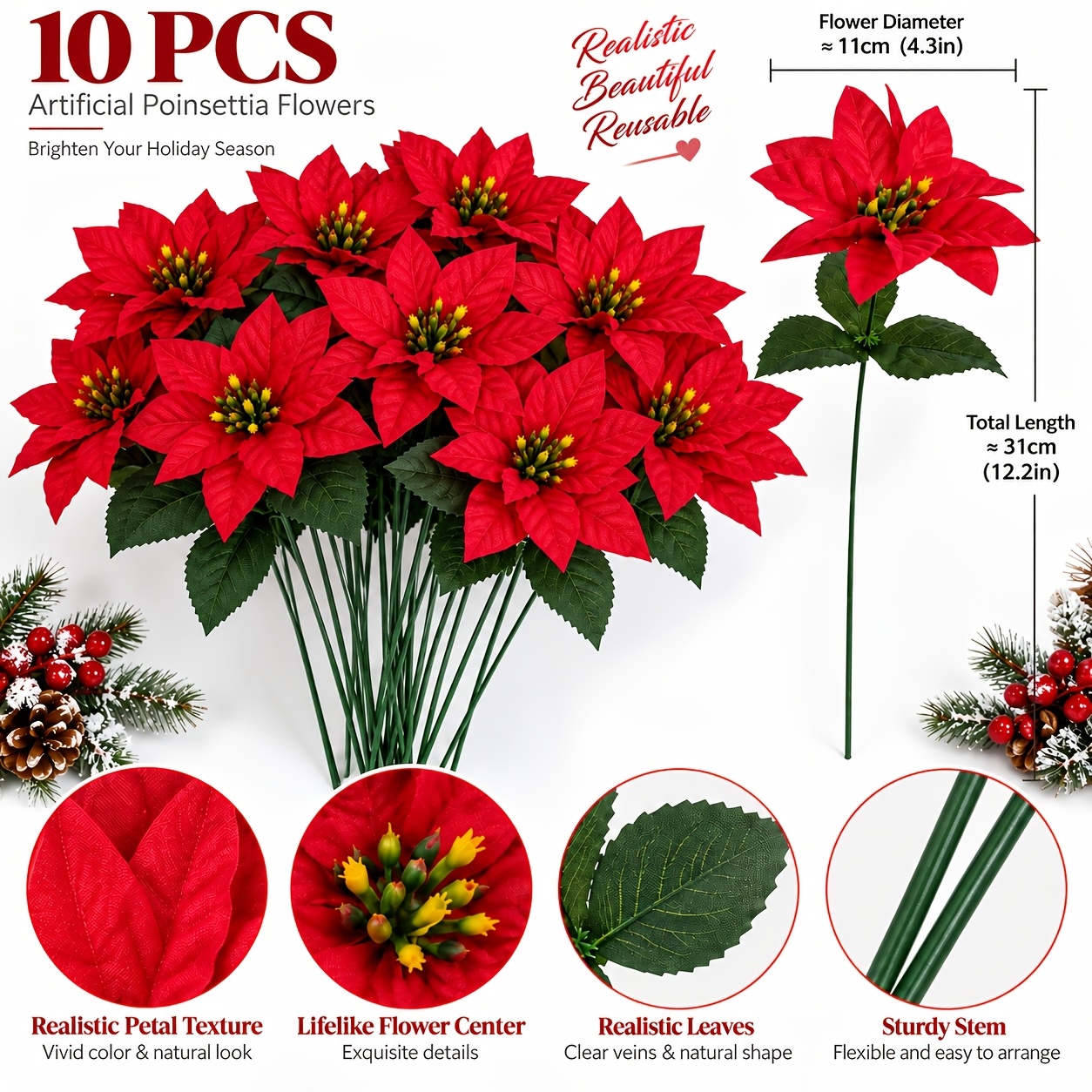 TEMU 10pcs Artificial Red Poinsettia Christmas Flowers, Faux Poinsettia Picks With Stems For Christmas Tree, Wreath, Garland, Holiday Party & Home