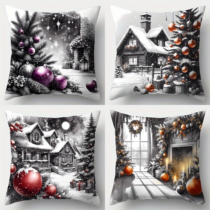 

4pcs Throw Pillow Cover Christmas Tree Decoration Ball Dark Deep Elegant Fireplace Pillow Cover Waist Rest Cover 17.7*17.7inch Pillowcase Pillow Insert Not Included