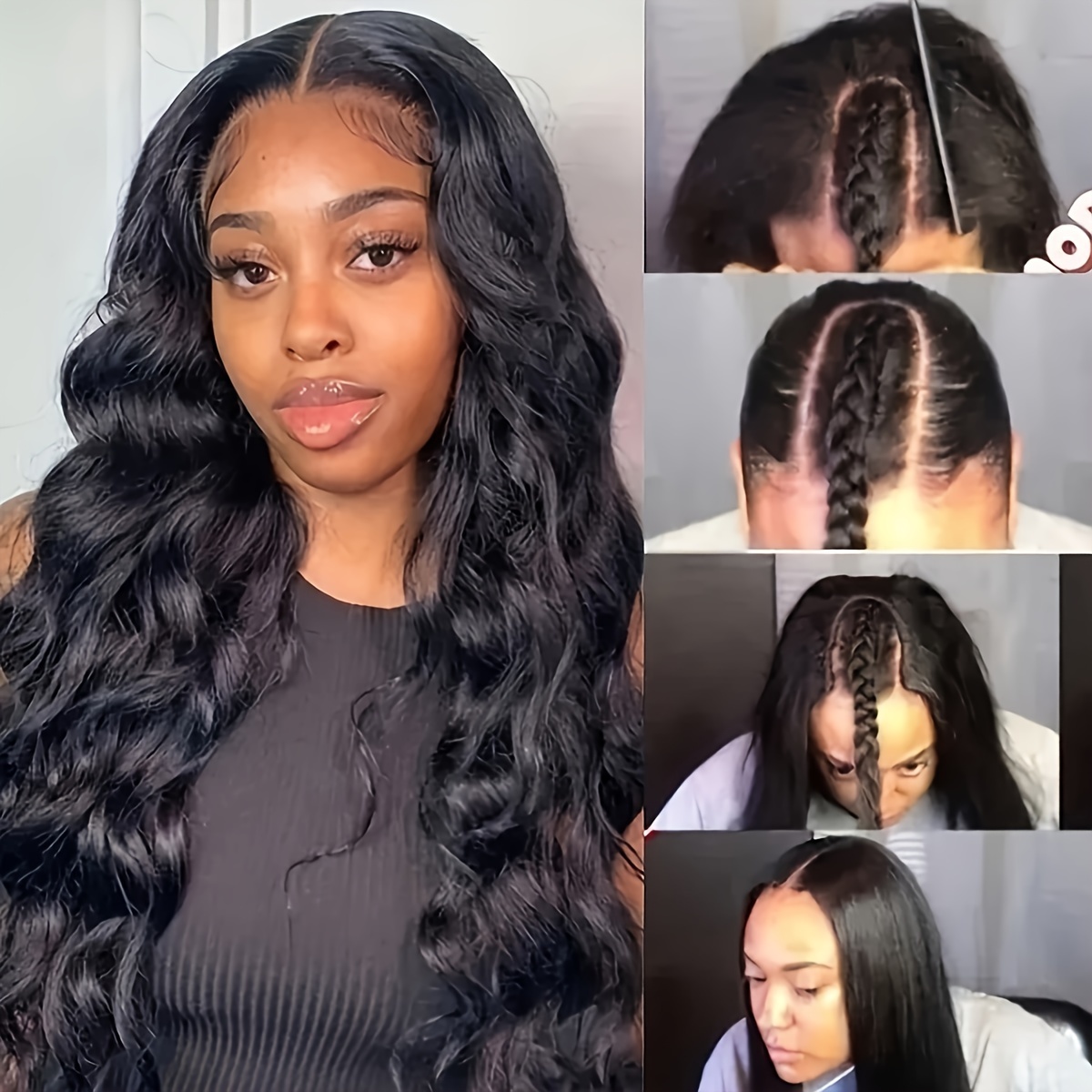 Perruque ondulée élégante pour femme, 150 % de densité, perruque de base en cheveux humains, avec partie en U et bonnet en filet rose.