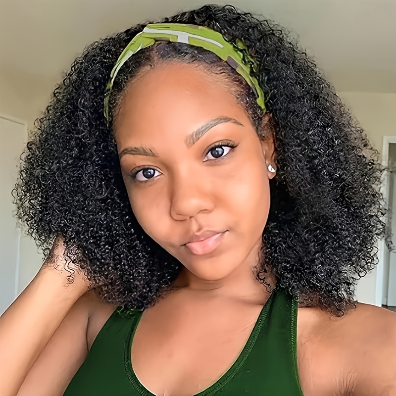 Image of Afro Curly Headband Wig Human Hair Half Wig Glueless Curly Natural Black Headband Wig For Women 180% Density Afro Hair Glueless Wig