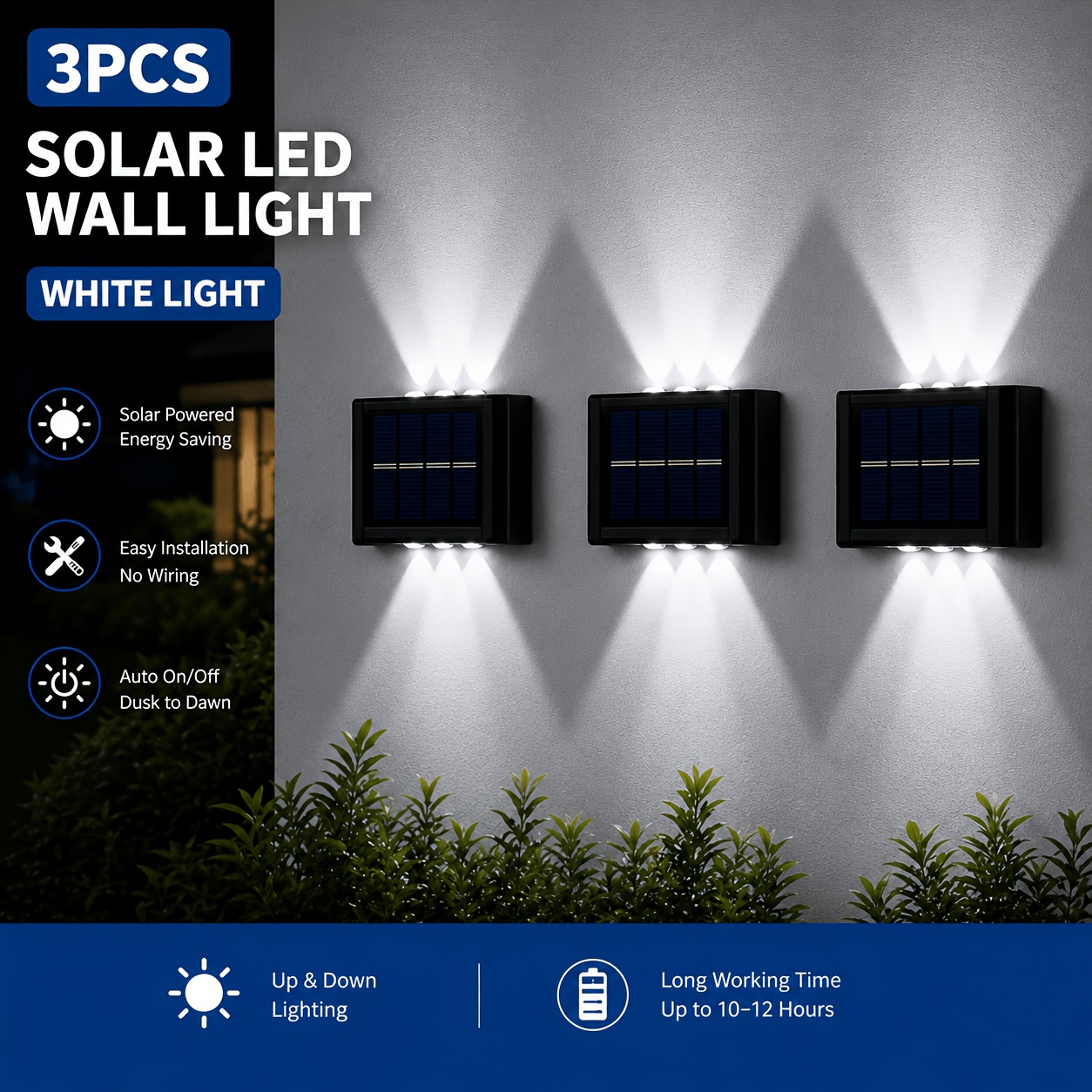 TEMU 3ks Solární venkovní nástěnná svítidla, dvojité osvětlení nahoru a dolů, 6 LED světel, solární dekorativní svítidla pro dvůr, terasu, balkon,