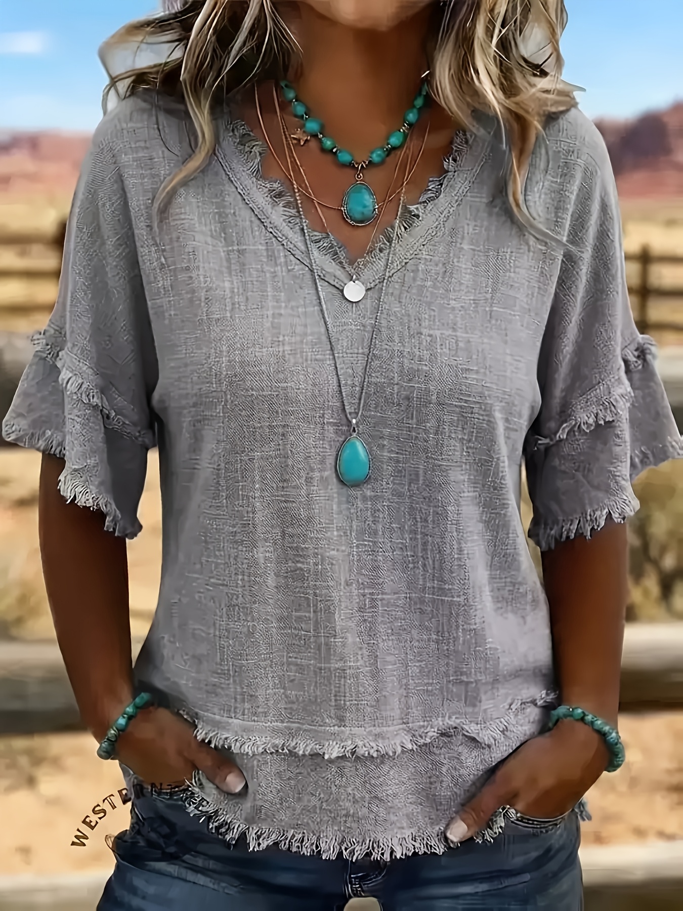 item picture loose v neck short sleeve t shirt with frayed edges for women solid color casual top in european and  