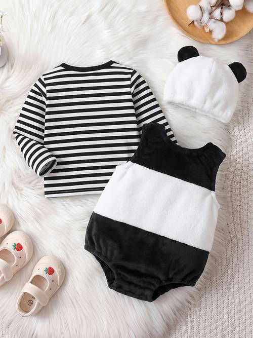 black and white striped long sleeve with black and white sleeveless vest hat panda double faced plush hat autumn winter warm crawling suit with hat suitable for autumn winter daily photoshoots etc