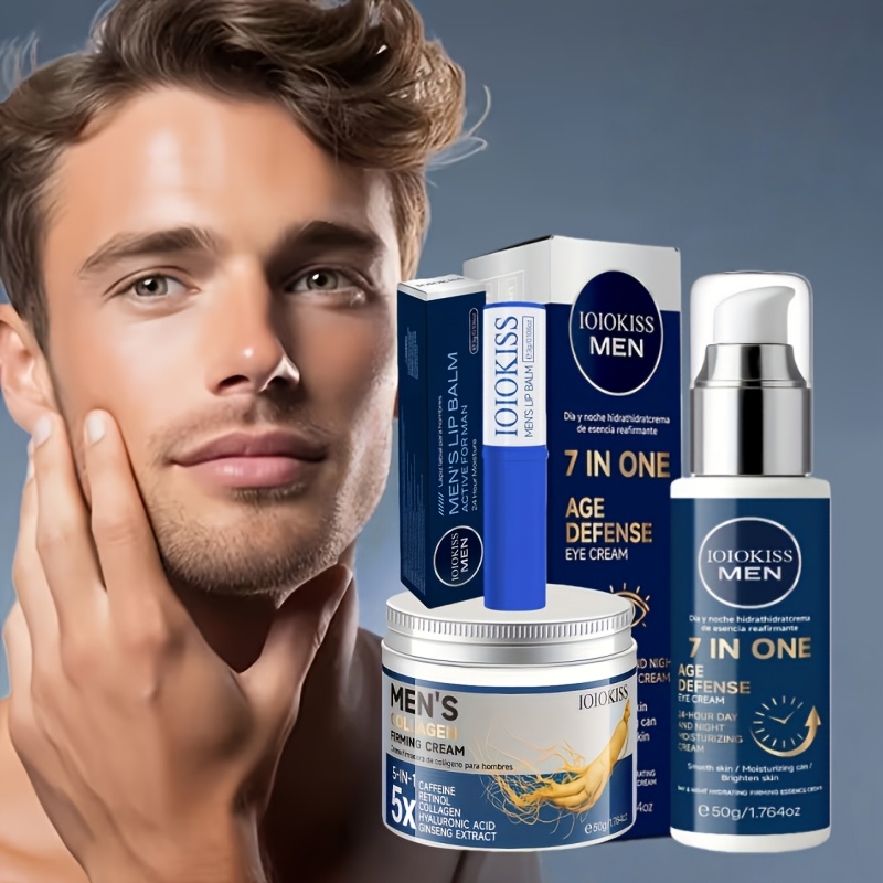 Ensemble de soins du visage pour hommes, comprenant une crème pour les yeux, un baume à lèvres et une crème pour le visage, pour un lifting, des soins quotidiens, des produits de toilettage essentiels pour hommes, une hydratation longue durée, le cadeau parfait pour les hommes et un indispensable pour les soins quotidiens du visage des hommes