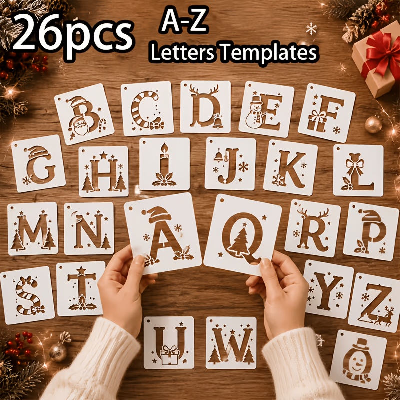 TEMU 26pcs Pochoirs de Peinture PET Lettre AZ de Noël, Gabarit d'Alphabet Creux Réutilisable avec Motif de Bûche de Noël d'Élan pour Panneau en Bois