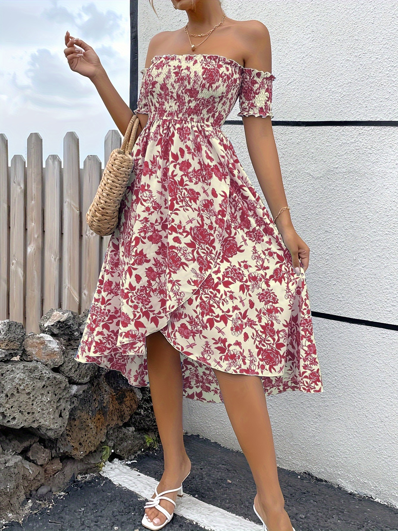 off the shoulder flowy midi dress Women's Floral Off-Shoulder – Sleeveless, Flowy, Perfect For Beach Weddings & Garden Parties Sleeveless Beach Wedding Garden Party Dress For Women Front Twist