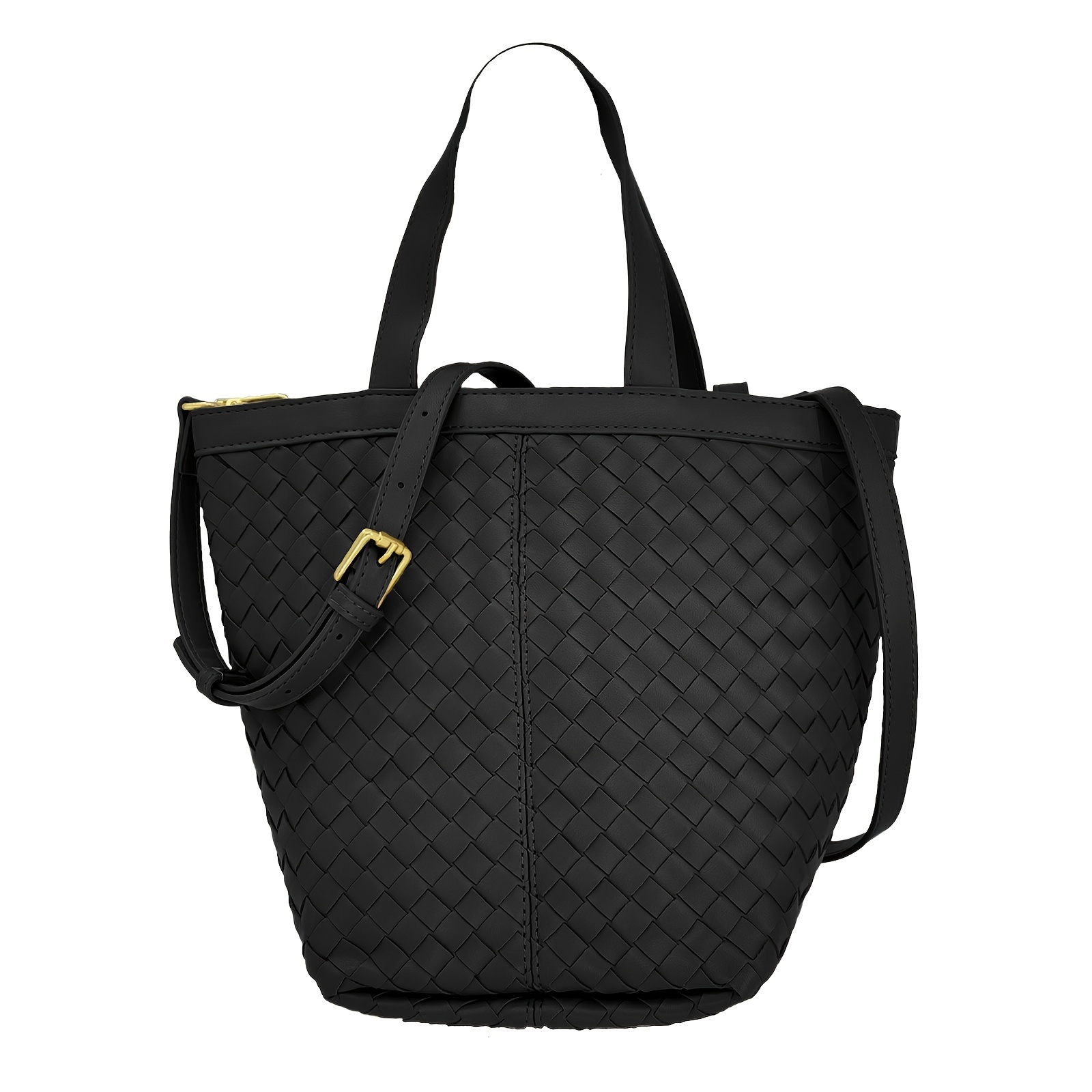 Chic Woven Bucket Bag Set for Women Large Vegan Handbag Included