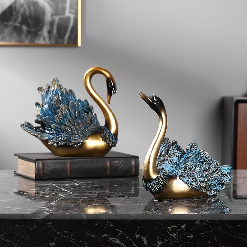 TEMU A Pair Of Swan Statues - Luxurious Golden And Blue Resin Decorations For The Living Room, Wine Cabinet, And Tv Cabinet | Decor Swan Decorations