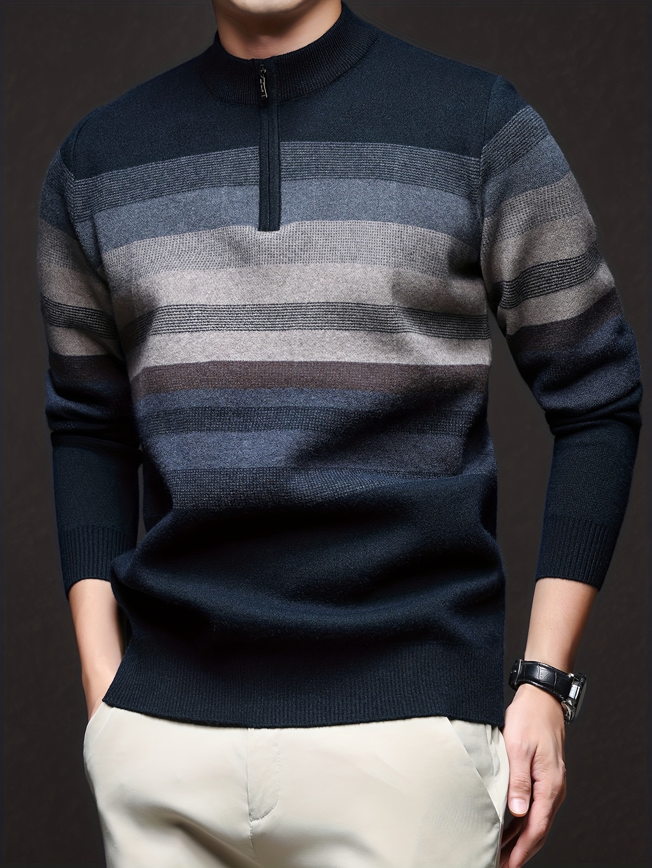 Men's Thickened Crewneck Striped Sweater - Warm Casual Knit Top with Zipper