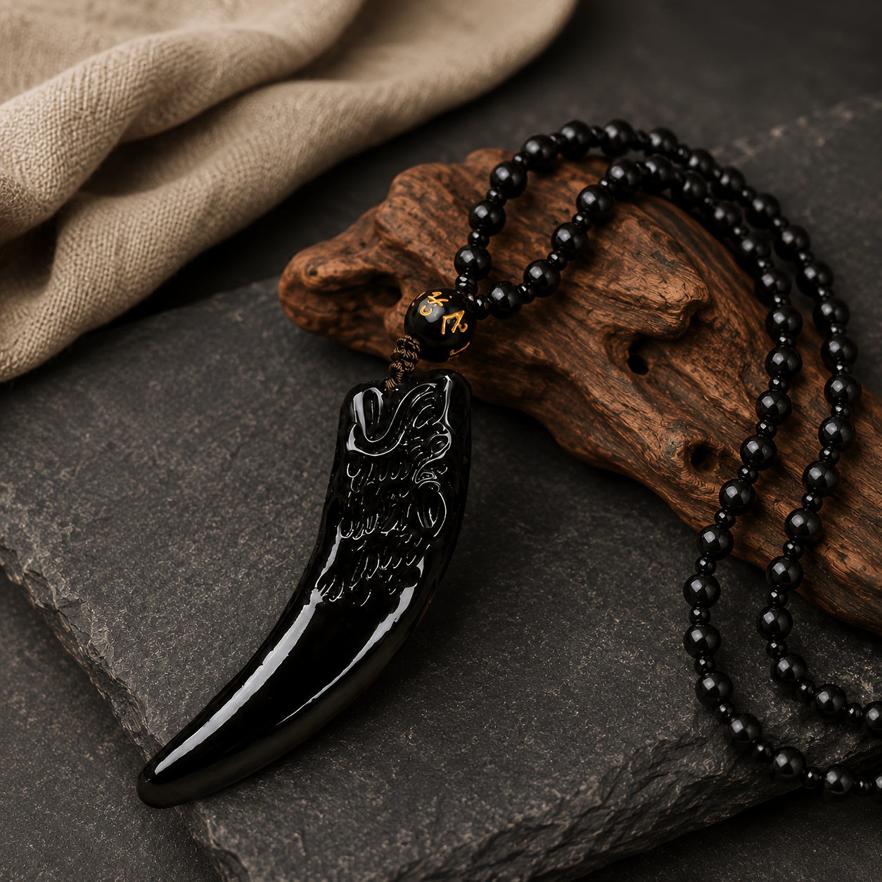 Men's Wolf Tooth Necklace with Carving Pendant & True Word Beads