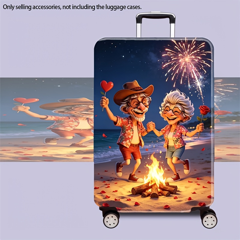 TEMU Travel Essential, Cartoon Elderly Couple Scene, Bonfire Fireworks And Floral Patterns, High-elastic Dust-proof Travel Accessory, Anti-scratch