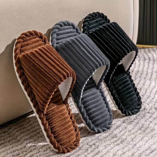 mens corduroy striped open toe slippers suitable for autumn winter couple family slippers for wood floors warm and comfortable shoes living room bedroom slippers