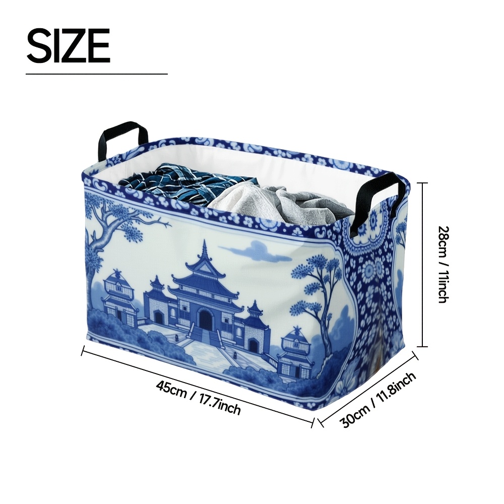 TEMU 1pc Porcelain Foldable Storage Basket - Contemporary Polyester Hamper With Traditional Asian Design For Clothes, Bedroom, And Bathroom Organization, Clothes Organizer Storage