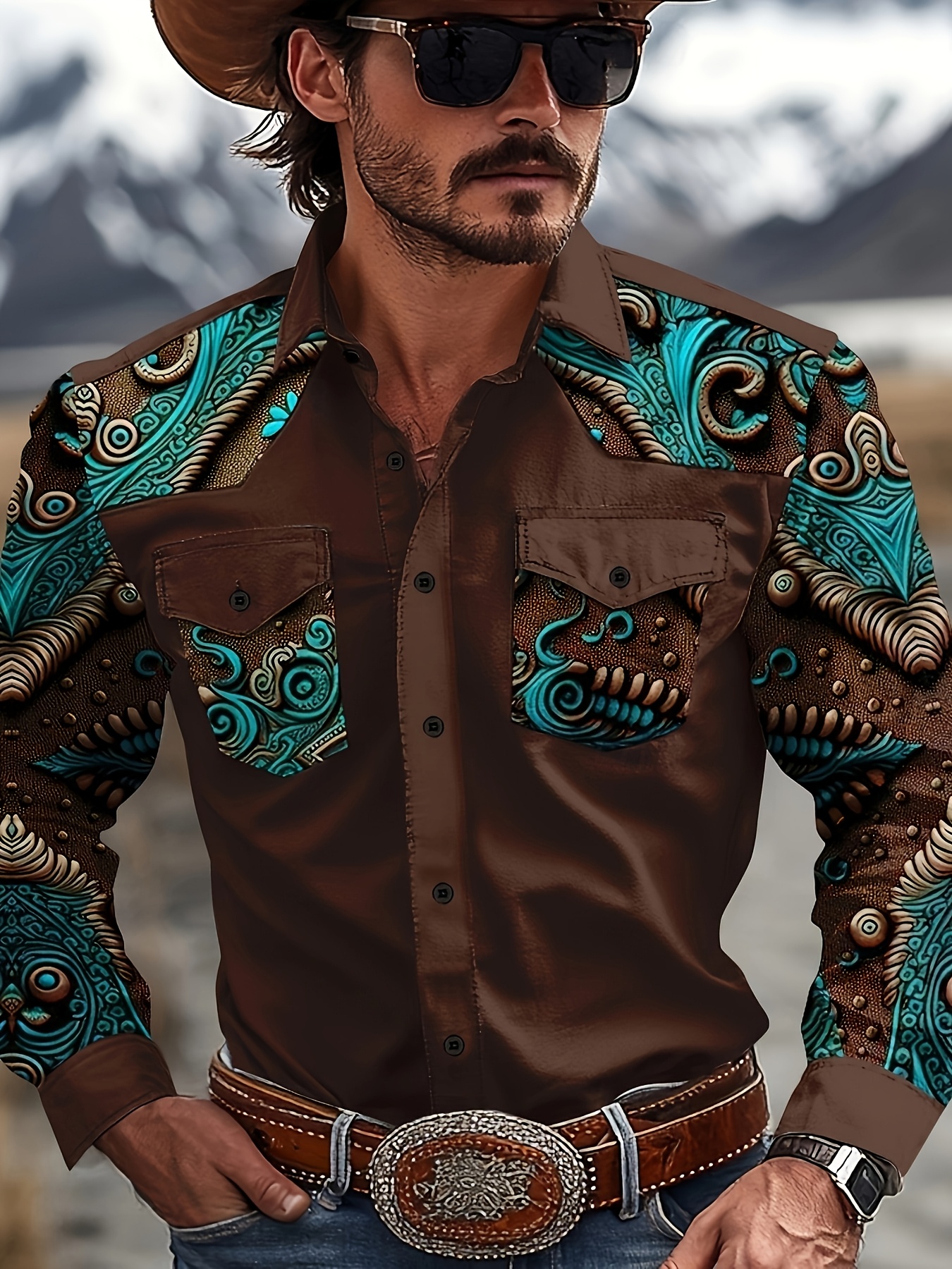 mens stylish brown teal western themed print long sleeve Temu