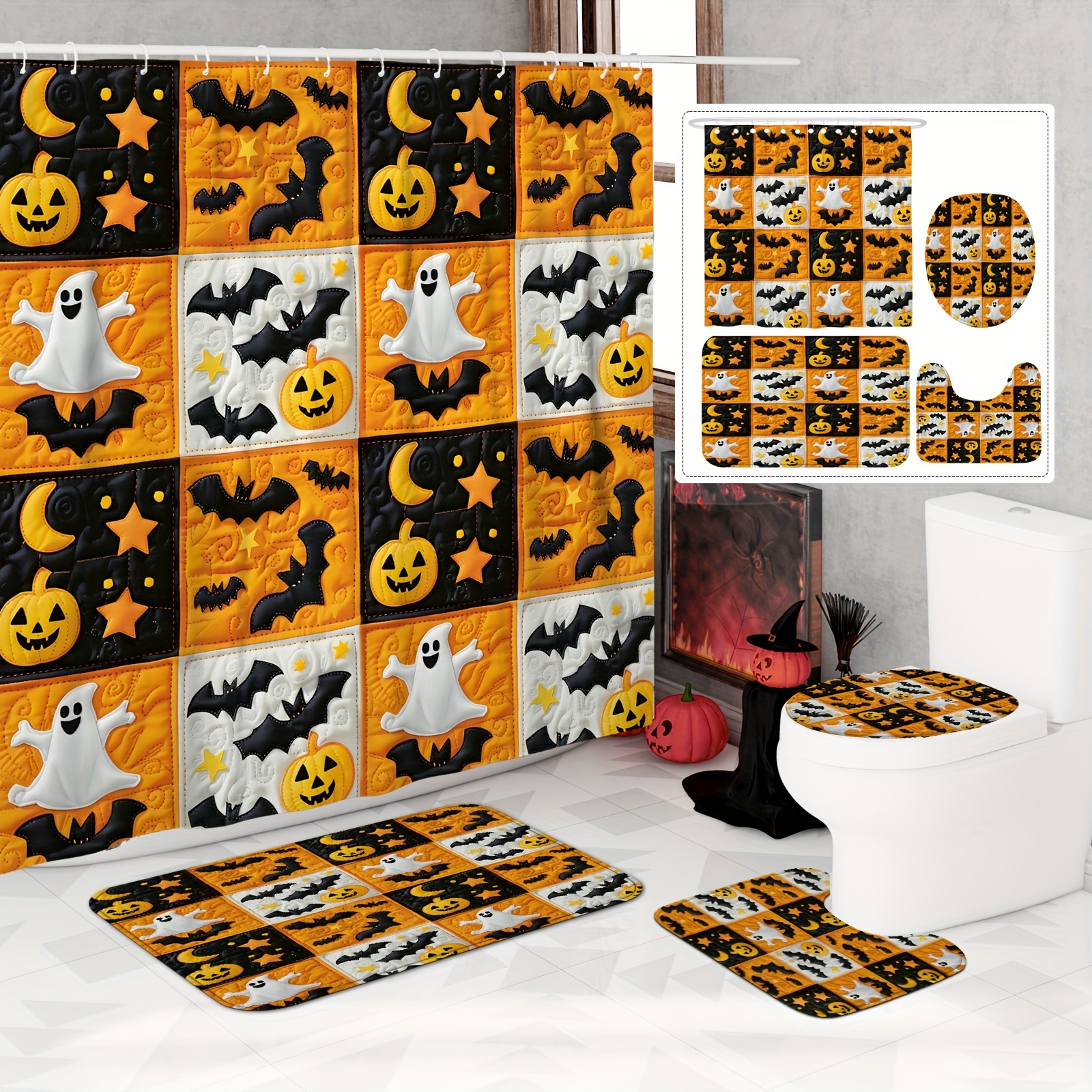 

1/4pcs Pumpkin Bat Cute Black Curtain Set With Shower Curtain And Rugs Polyester Waterproof Machine Washable For Bathroom Or Shower Decor With 12 Hooks Non-slip Bath Mat U-shape Toilet Lid Cover Mat