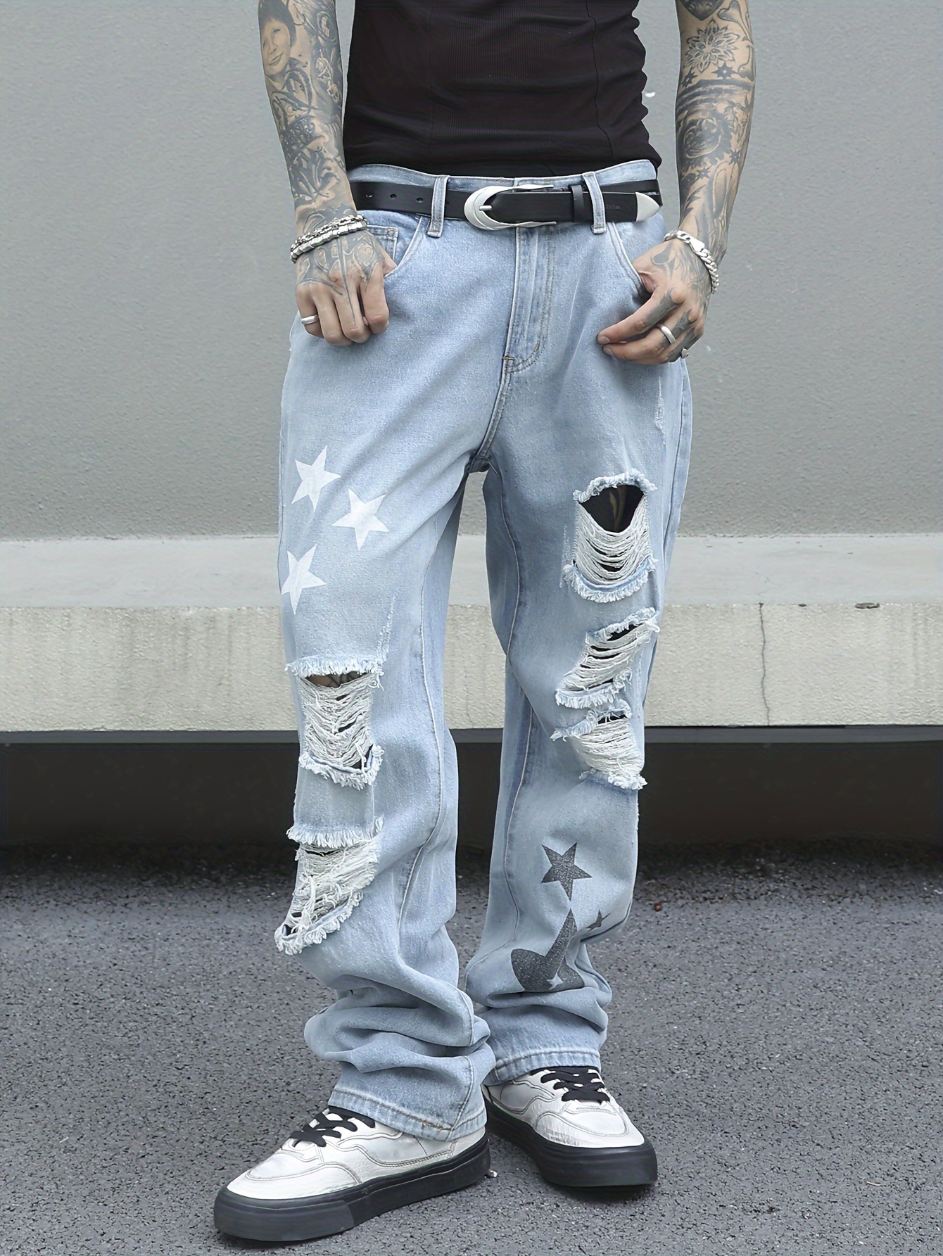 mens ripped straight leg denim jeans wash distressed white Temu