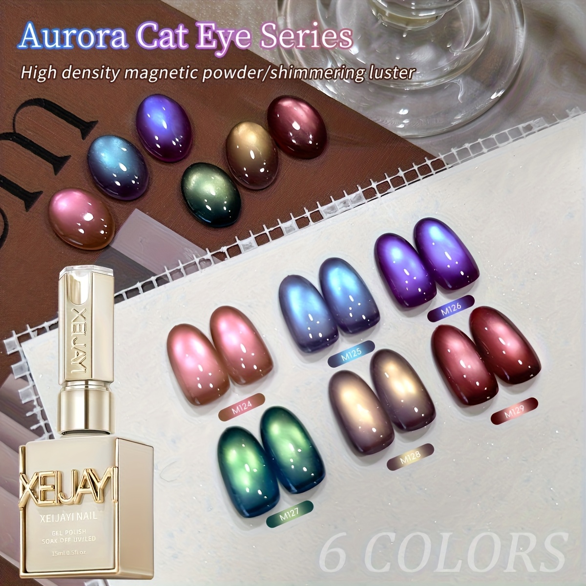 Image of Cat Eye Nail Polish Set 6pcs 15ml Reflective Magnetic Nail Gel Soaking Led Gel Salon Female Nail Art Tools Fashion Holographic Nail Art
