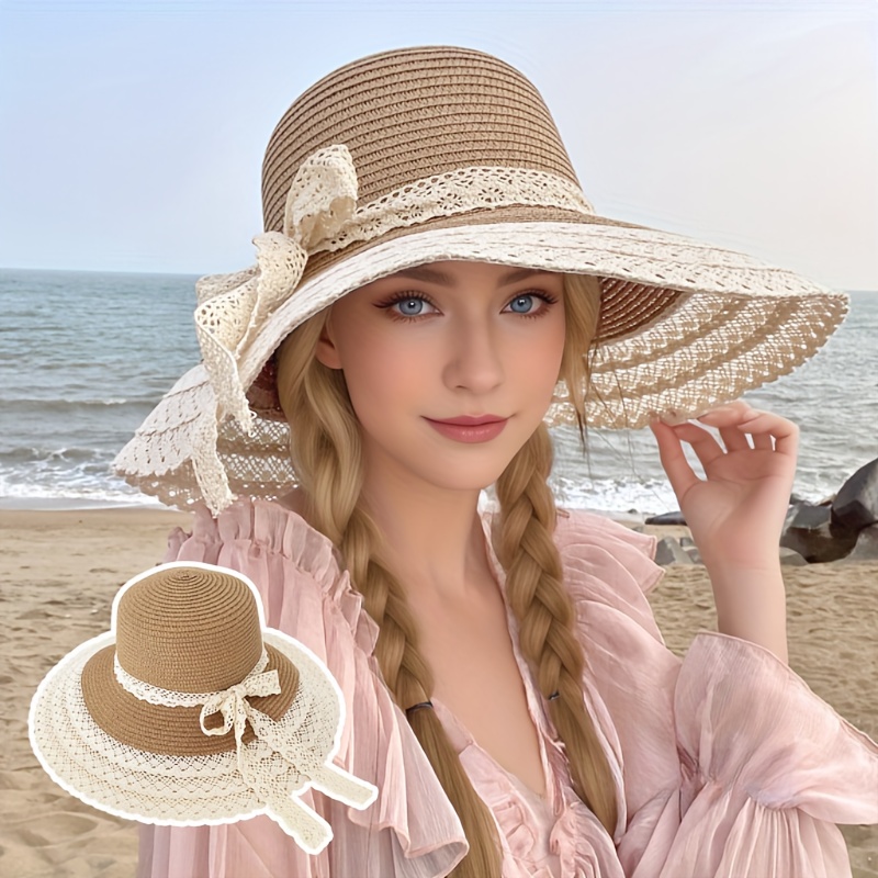 Womens Straw Sun Hat Foldable Packable Wide Brim Summer Floppy Beach Hat  Straw Bucket Hats for Women