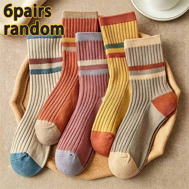 TEMU Lot de 6 paires aléatoires de chaussettes unisexes vintage à rayures et color-block, style polyvalent , chaussettes tendance à deux rayures au