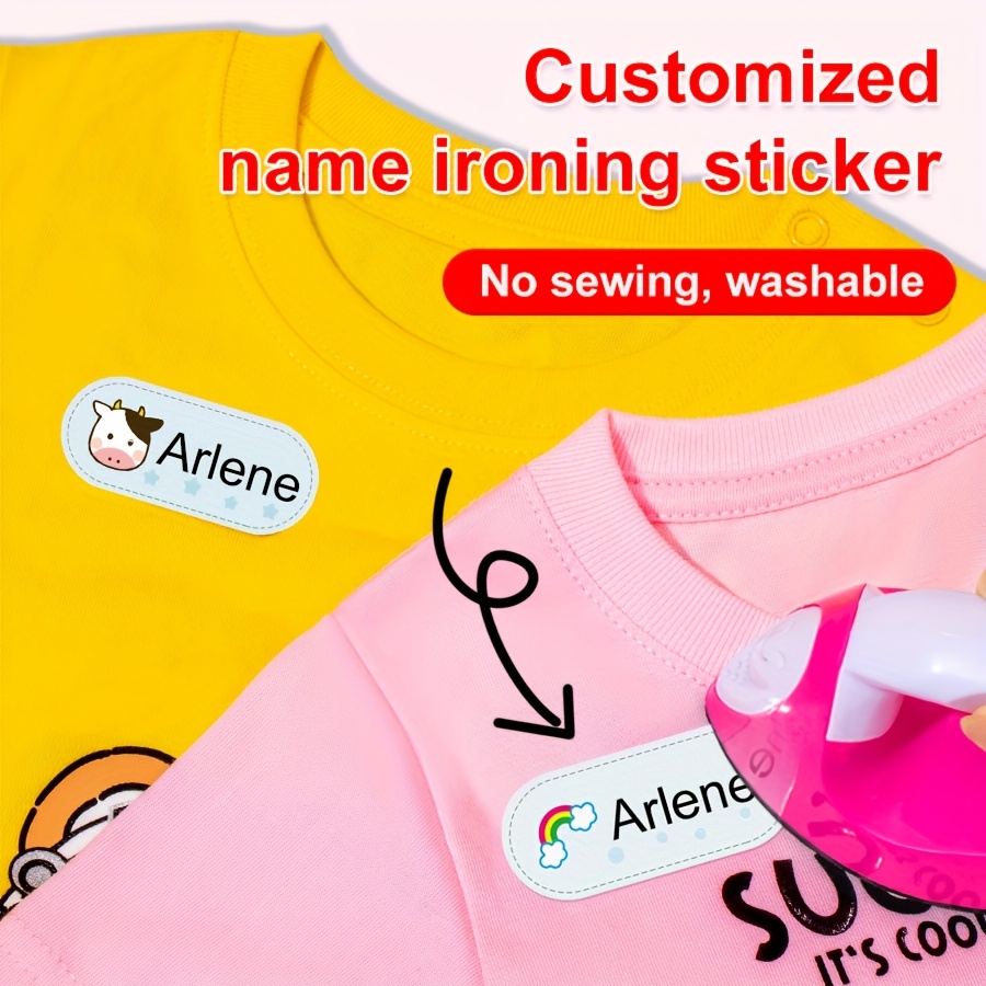 

Customizable Washable Iron-on Name Stickers For Clothing - Medium 1.81x0.71 Inch, Personalized Tpu Fabric Labels With Cute Animal Designs (yellow Shirt With Cow & Rainbow Stickers), Custom Stickers