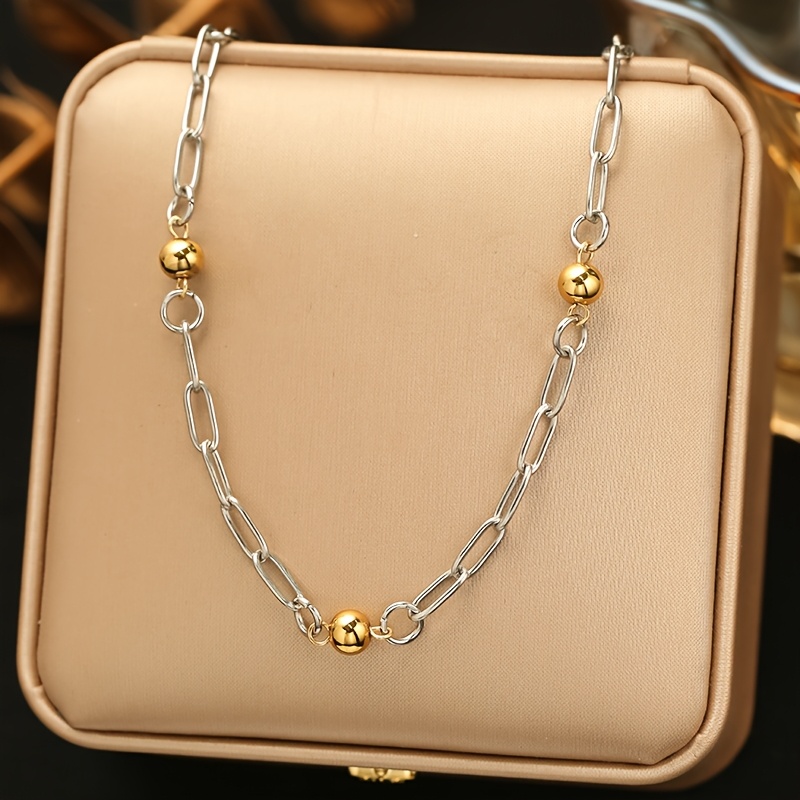 TEMU 1pc Stainless Steel Beads Handmade Fashion Chain Necklace Bracelet 18k Pvd Plated Rust Proof Textured Unisex Jewelry Women