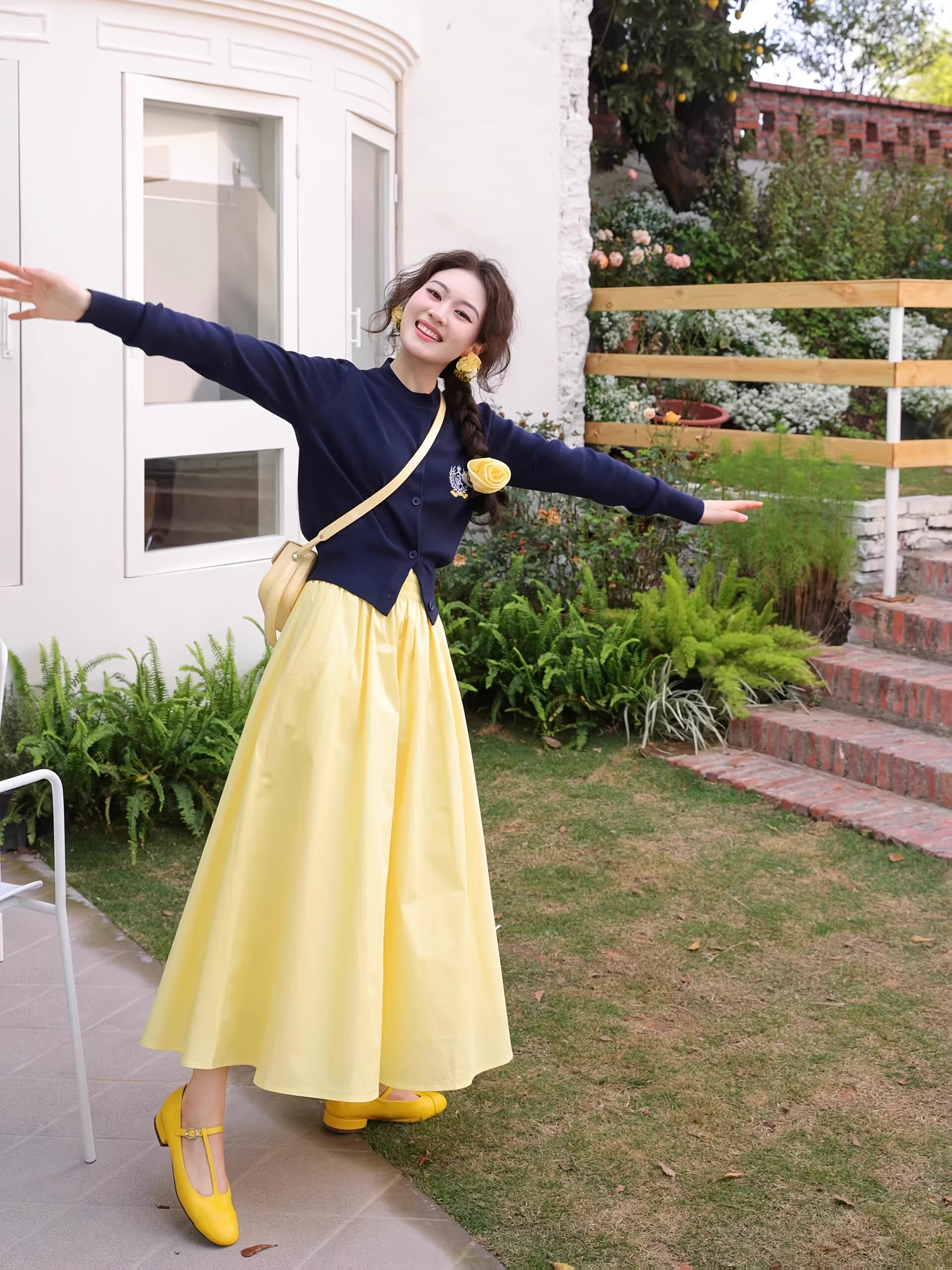 womens mustard yellow a line skirt high waist elastic waist Temu