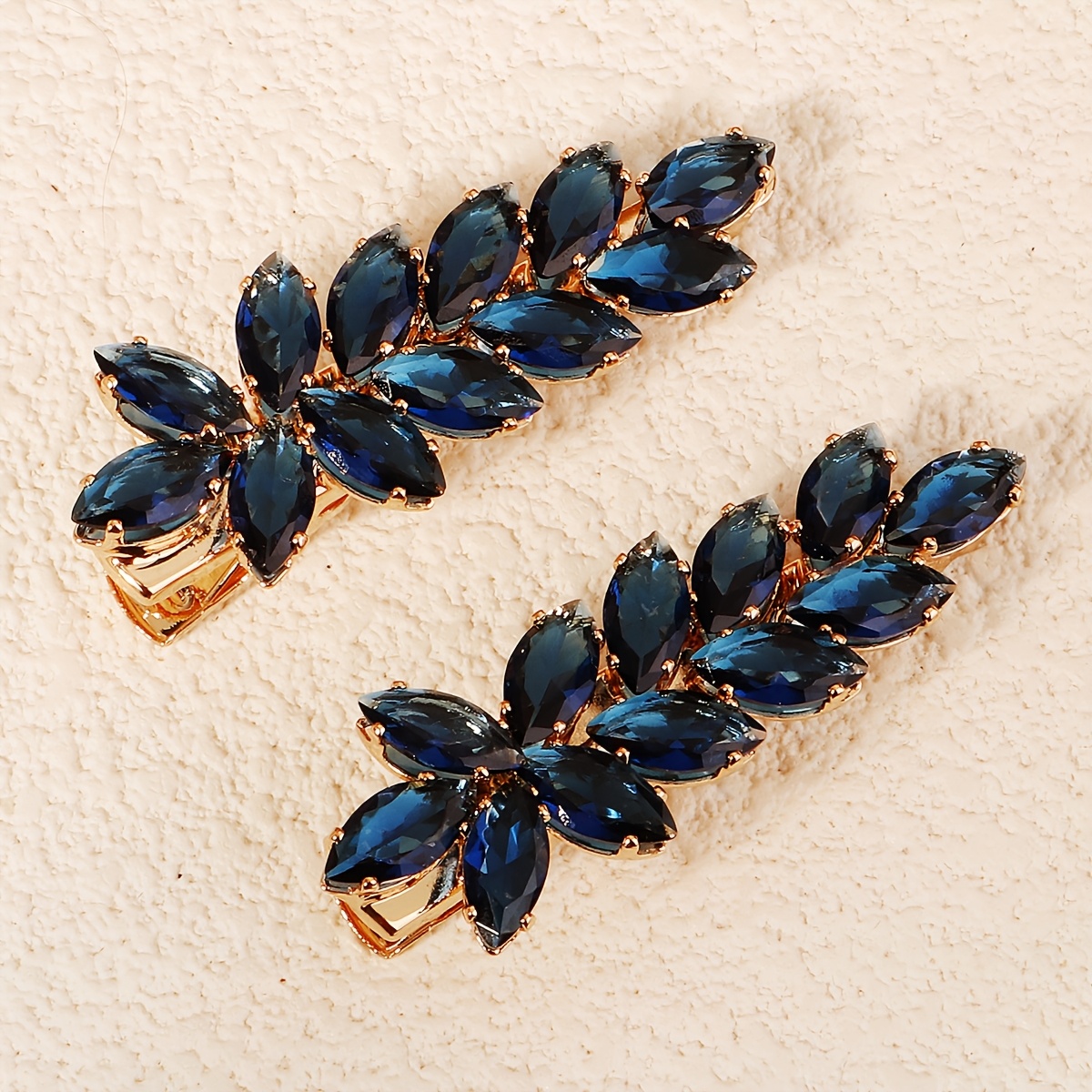 TEMU 2 pièces Élégantes Barrettes à Cheveux en Bleu CZ - Barrette Feuille Dorée - Style Vintage Épingles Alligator pour Mariage, Bal, Fête, , Cadeau