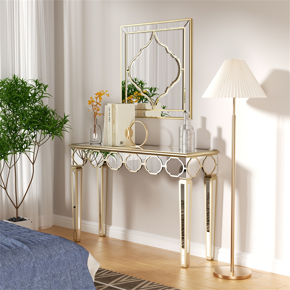 AESOME Luxury Elegant Mirrored Console Table 47.24 Rectangular Silver Mirrored Entryway Table Lantern-Shape Pattern Decor with Golden Rim Legs Sofa Side Tables Long Hallway Table for Foyer, Entrance, Offices Decor