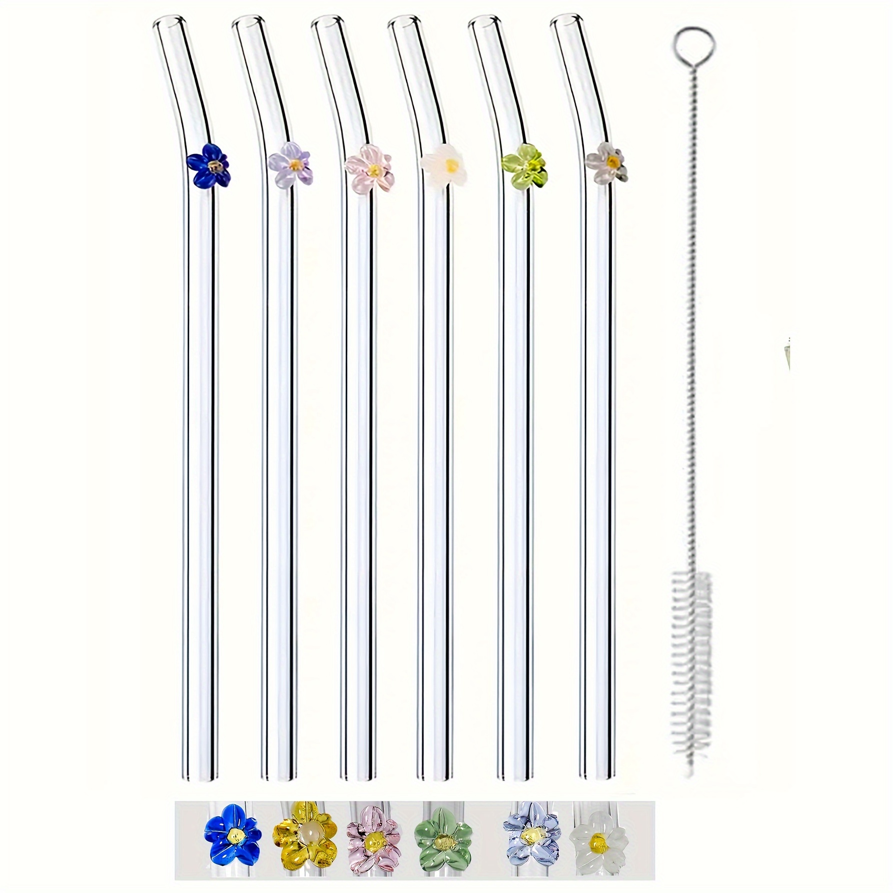 

Set (4 Straws + 1 Brush) Reusable Glass Straws, Cute Flower Glass Straws, Heat-resistant Glass Straw, Washable Reusable Fruit Drinking , , Juices, Teas