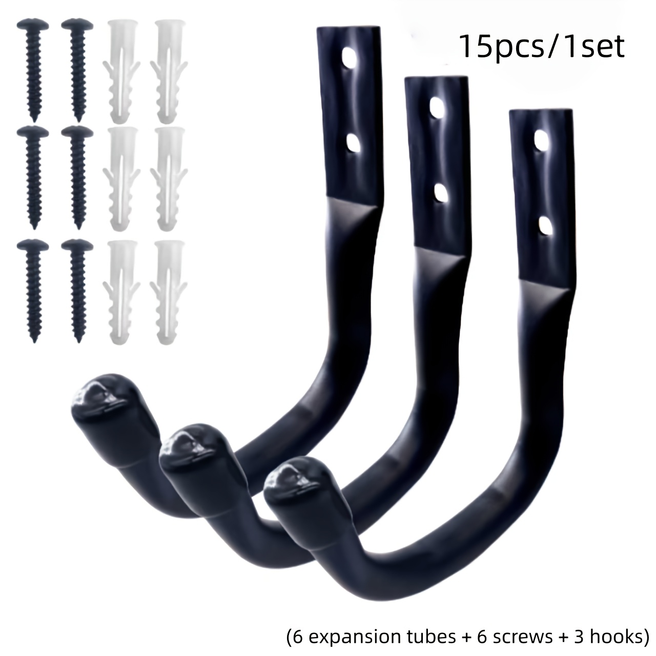 E-shop 15-teiliges Set mit 3 Haken + 6 Schrauben + 6 Dübeln, J-förmige Mehrzweckhaken, Garagenlagerlösung, schwerlastfähiges schwarzes Metall für