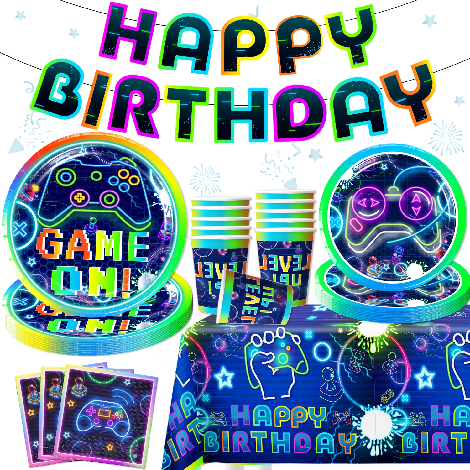 Image of Party Supply Set With A Video Game Theme, Including Banners, Paper Cups, Napkins, Tablecloths, Etc., Suitable For Birthday Parties And Versatile Decorative Table Settings