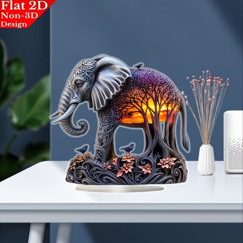 

2d Flat Boho Style Acrylic Elephant Figurine With Sunset Forest Design, 2d Flat Tabletop Decor, Multipurpose For Home, Office, Cafe, No Electricity Needed, Ideal Holiday Gift