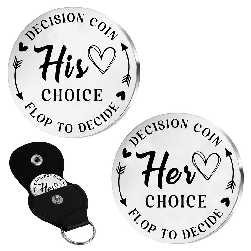 TEMU 1 Set Couple Style Front And Back His Amp Arrow Engraved Double-sided Metal Disc With Black Pouch Decision Coin Keychain Couple Gift Daily