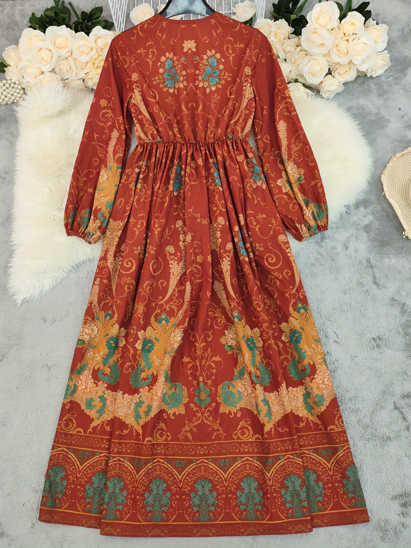 womens boho maxi dress v neck long sleeve bohemian print - Temu Mauritius