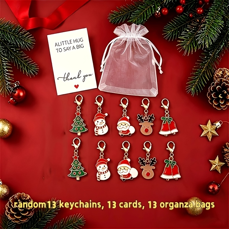 TEMU Lot de 13 porte-clés sur le thème de Noël mélangés aléatoirement, comprenant 13 porte-clés, 13 cartes et 13 sachets en filet avec aléatoires de