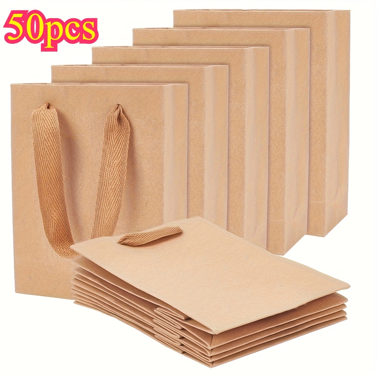 TEMU 50pcs Sacchetti marrone chiaro con maniglie in nylon resistente - per il shopping al , i prodotti, i regali di festa, e i forniture per le