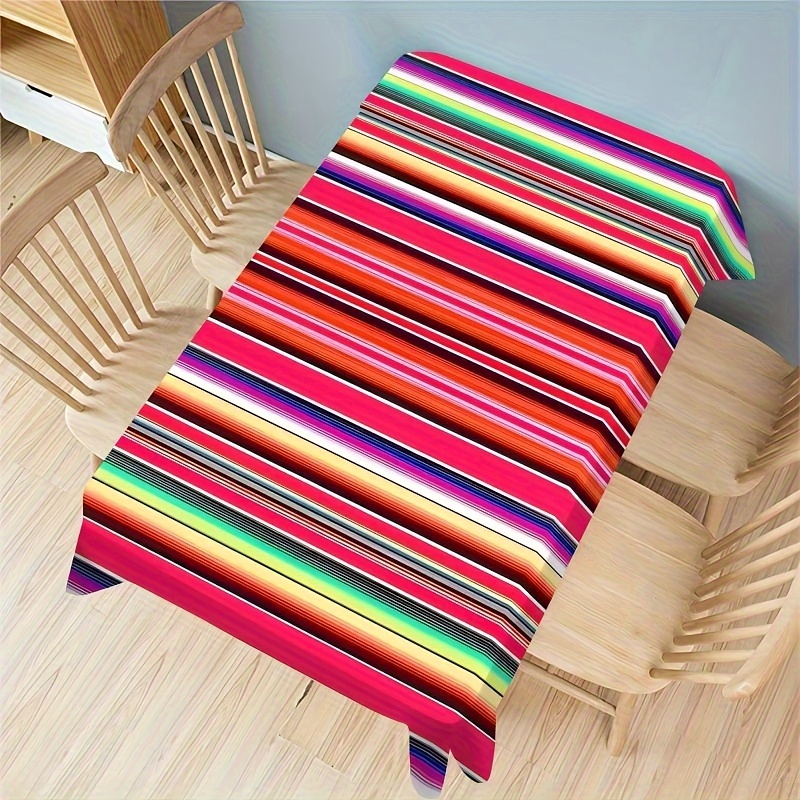 

Vibrant Mexican Striped Tablecloth - 1pc, Waterproof And Durable Polyester Fabric, Rectangle, Machine-woven For Indoor And Outdoor Dining, Perfect For Picnics, Backyard Bbqs, And Boho Kitchen Decor