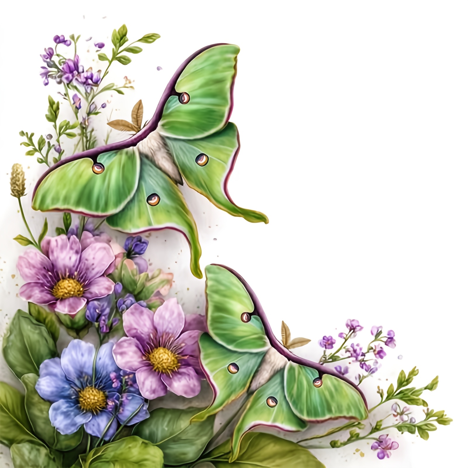 Cross-Stitch Printing Kit, Double Green Moth Flower Cluster Design