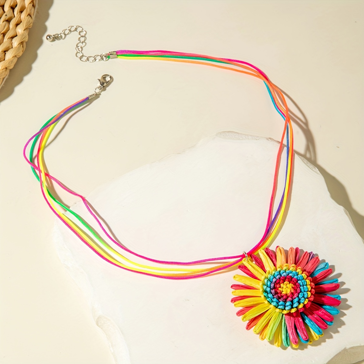 Women's Colorful Dopamine Raffia Grass Flower Pendant Necklace