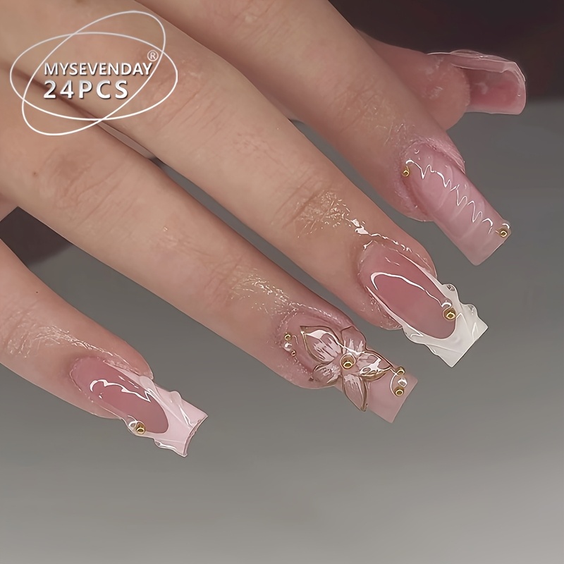 E-shop Kunstnägel Quadratische Press-on-Nägel 24 Stück, Blumenvergoldenung Perlen Damen Falsche Nägel, Wiederverwendbar für und Party, Inklusive Jelly