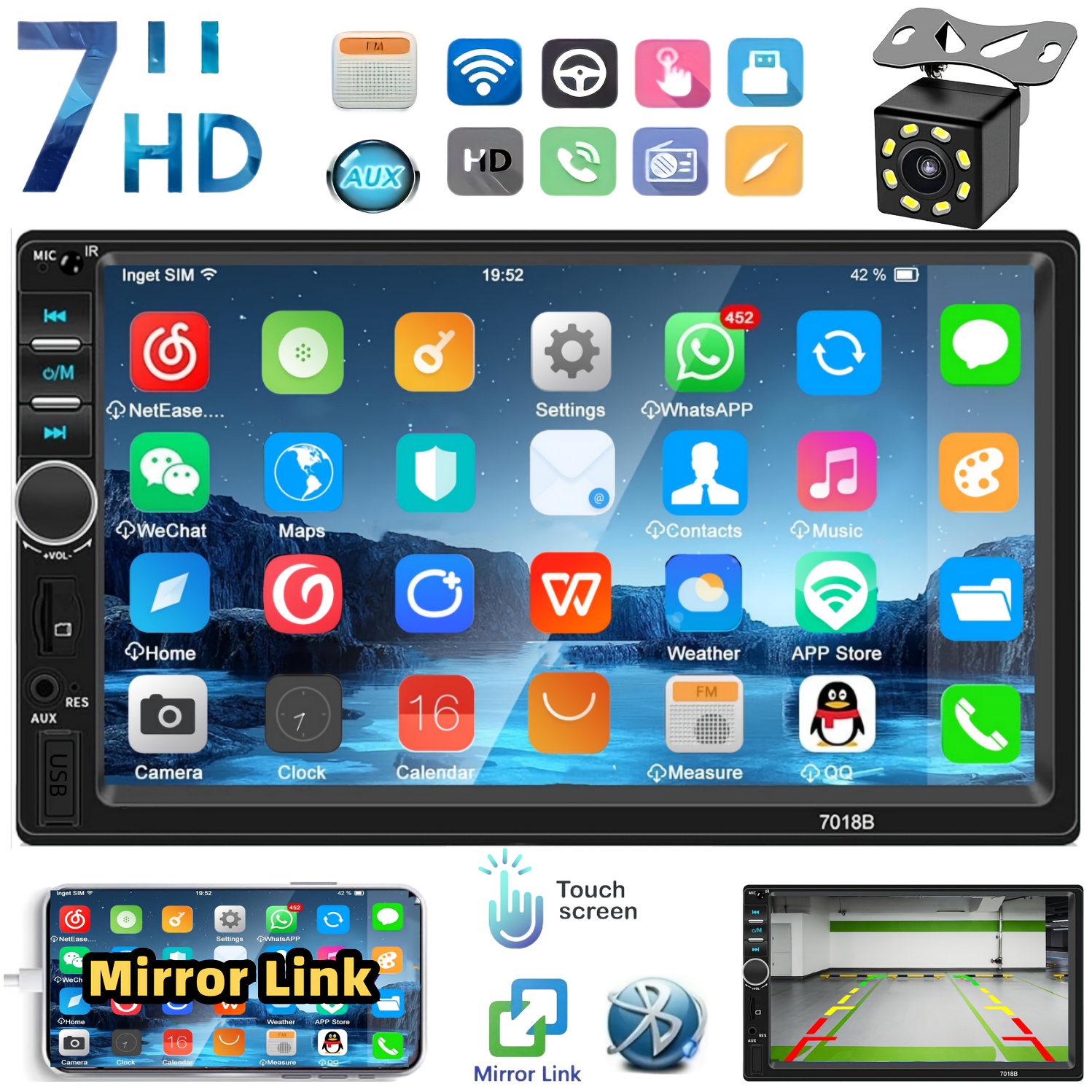 Bileeko Estéreo de Coche Doble Din de 7 Pulgadas con Cámara de Marcha Atrás, Reproductor MP5/MP4/MP3, sin varillas, Navegación Gratuita vía Mirror Link, USB/TF/AUX/Radio, Compatible con Smartphones, Control Remoto IR, Plug & Play (Sin Externos)